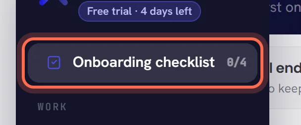 The top of the open menu in a new workspace: the entry Onboarding checklist, ringed, with the count 0/4.