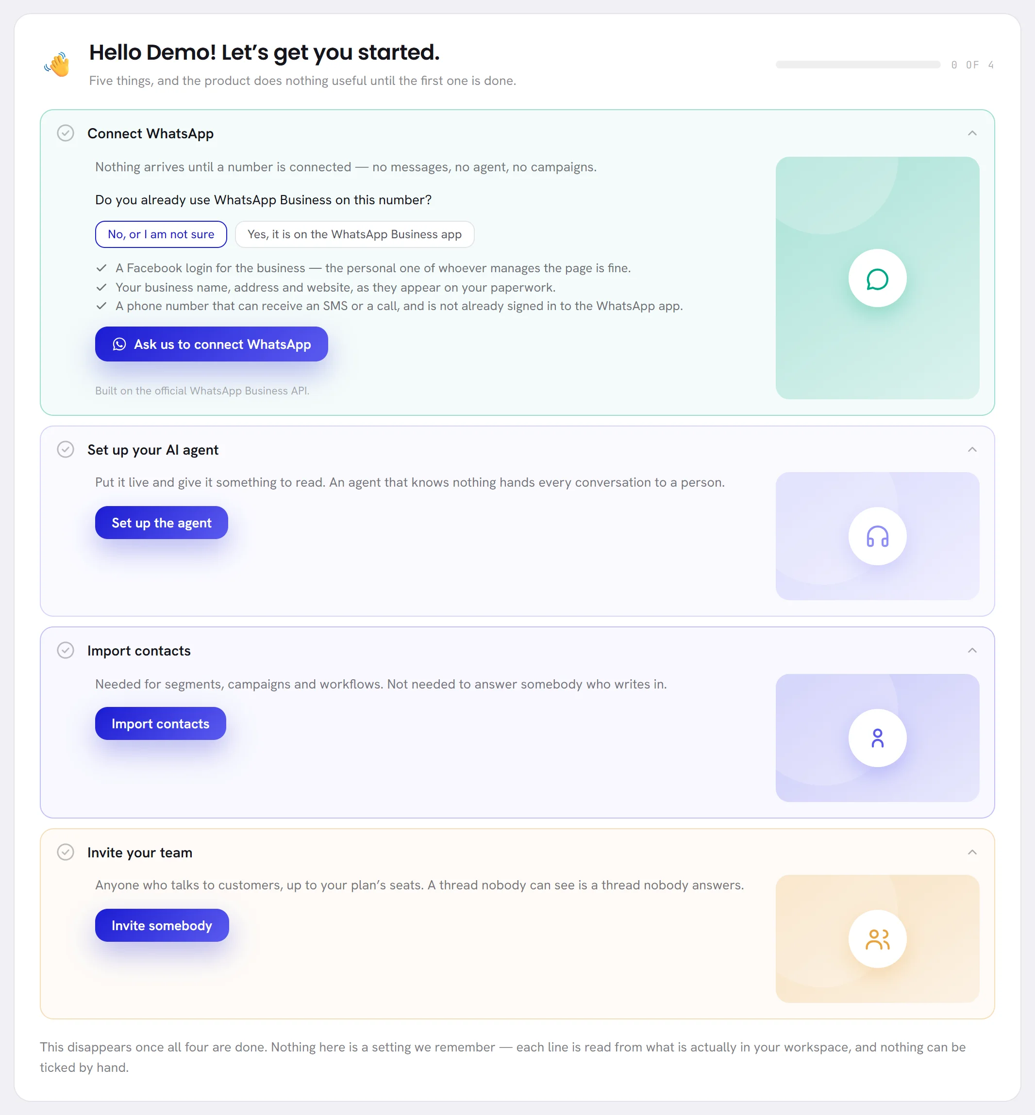 The four steps of the checklist, all opened: each says why it matters and holds its button.