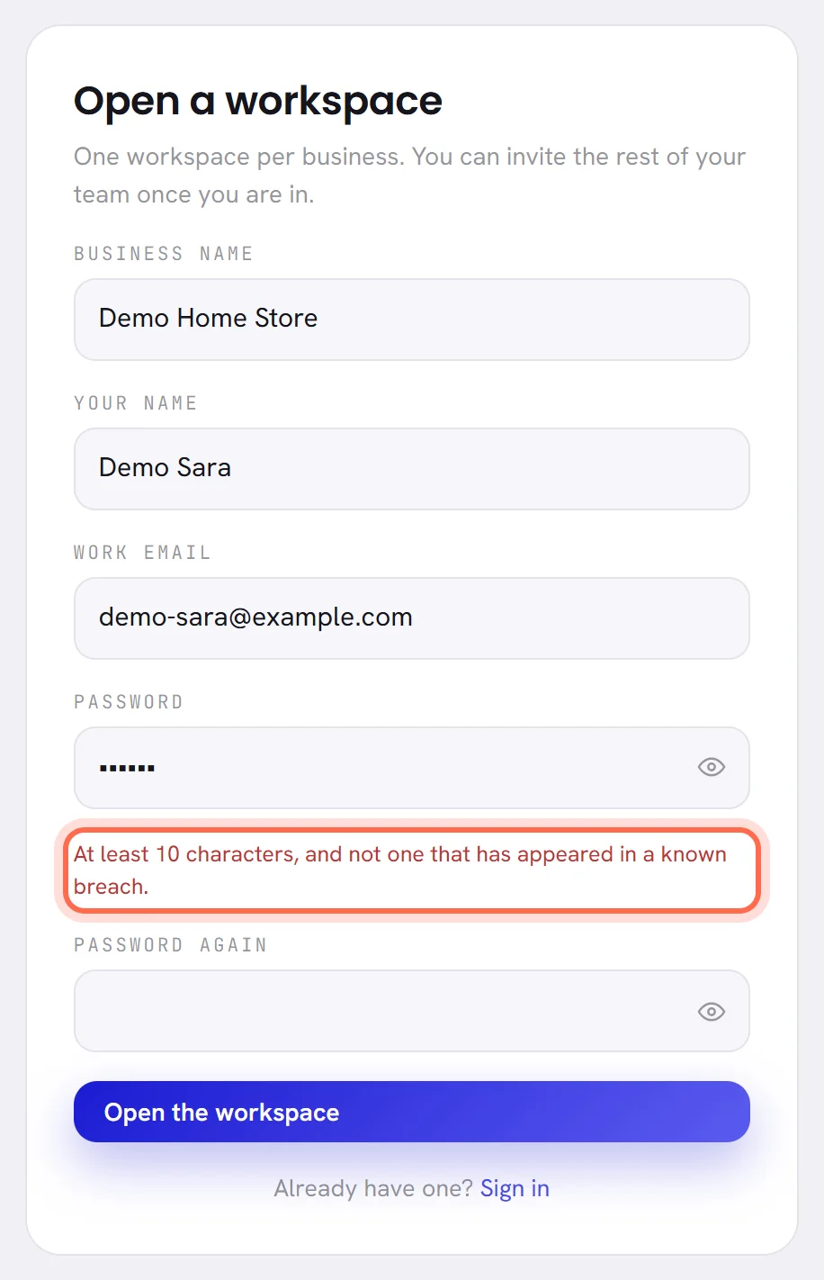 The sign-up form filled in, with a password that is too short: the rule under the box has turned red.
