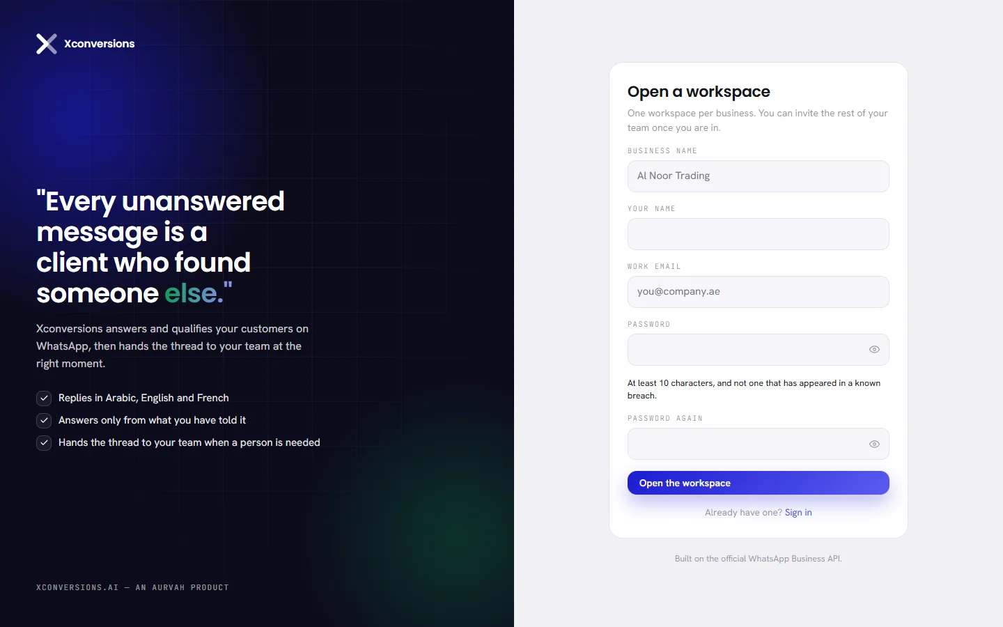 The sign-up page, with the form Open a workspace: business name, your name, work email, password and password again.