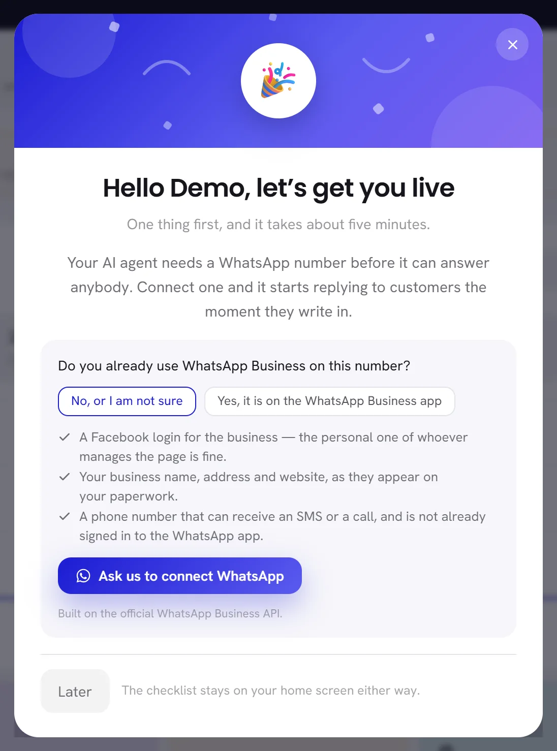 The welcome pop-up over the dashboard of a new workspace, with the question about WhatsApp Business, the button to connect, and Later.