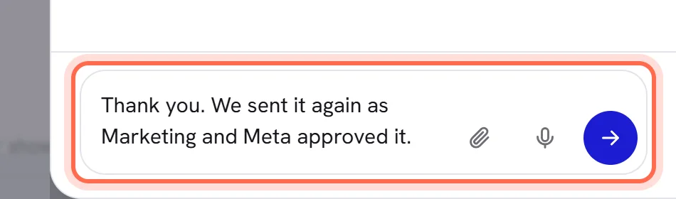 The foot of an open request, with a reply typed in the box Write to our team, ringed.