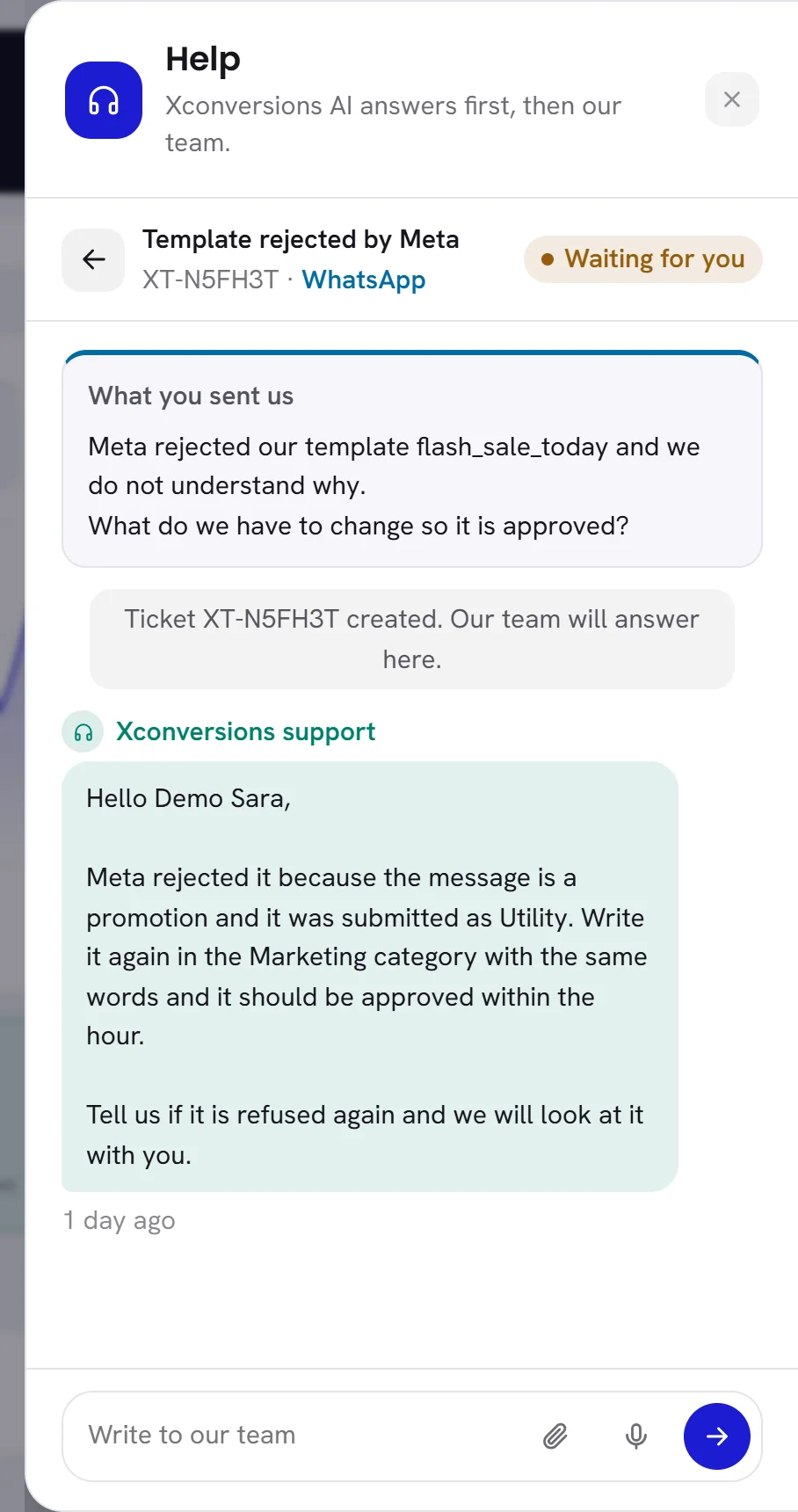 A request open in the Help panel: Template rejected by Meta, its reference, WhatsApp, the status Waiting for you, what was sent to our team, our team’s answer, and the box to write back.
