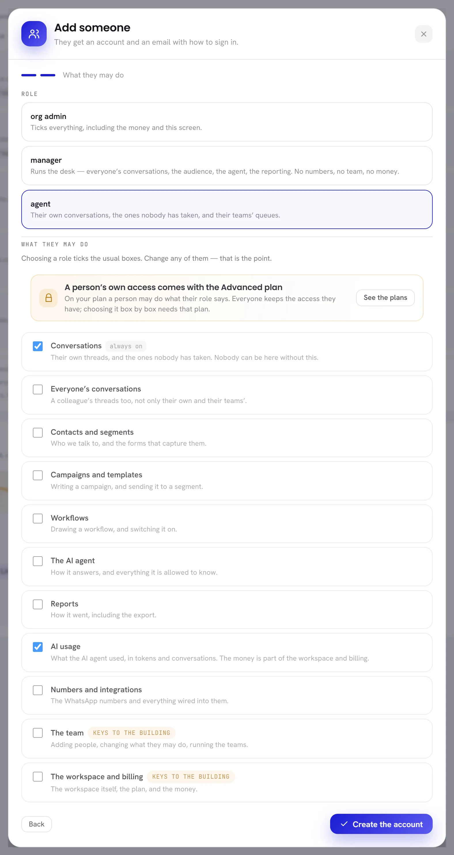 The second step of the Add someone window: the three roles to choose from, then the list of what the person may do, with a box for each permission.