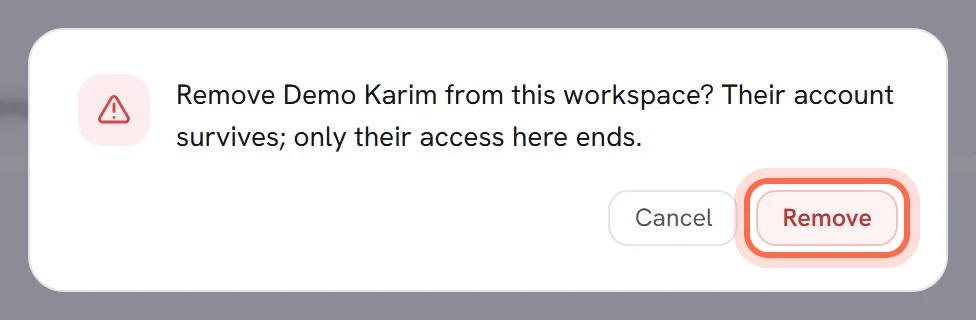 The pop-up that asks whether to remove a person from the workspace, with Cancel and the Remove button ringed.