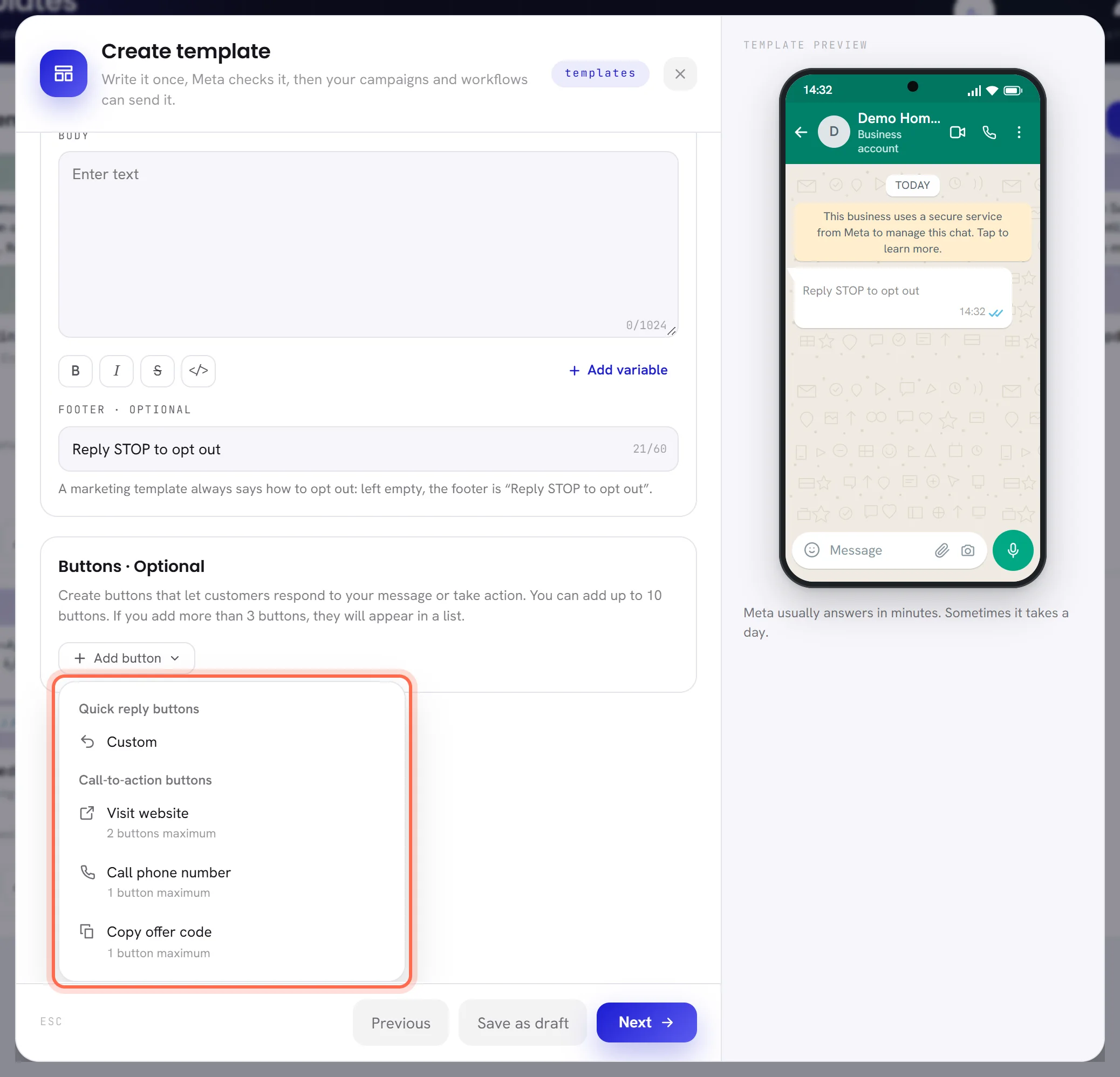 The Add button menu: Custom under Quick reply buttons, then Visit website, Call phone number and Copy offer code under Call-to-action buttons, each with its limit.