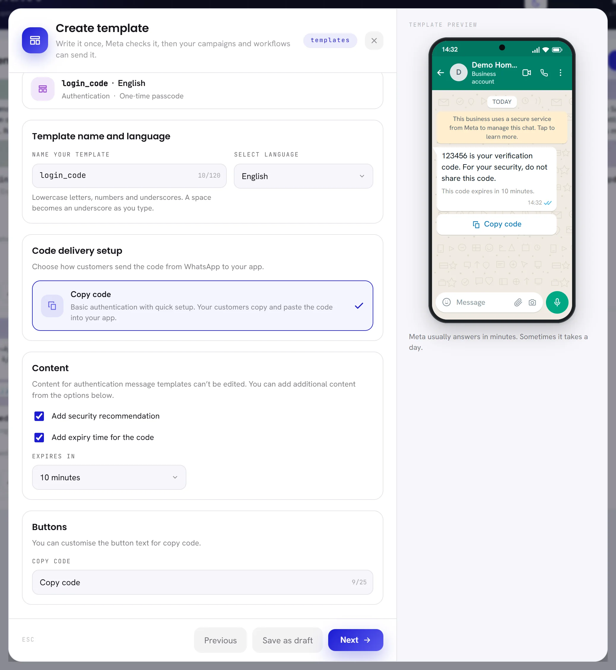 The second step for an Authentication template: the code delivery setup, the two additions with the expiry time, and the words of the copy button. The phone shows Meta’s sentence with the code.