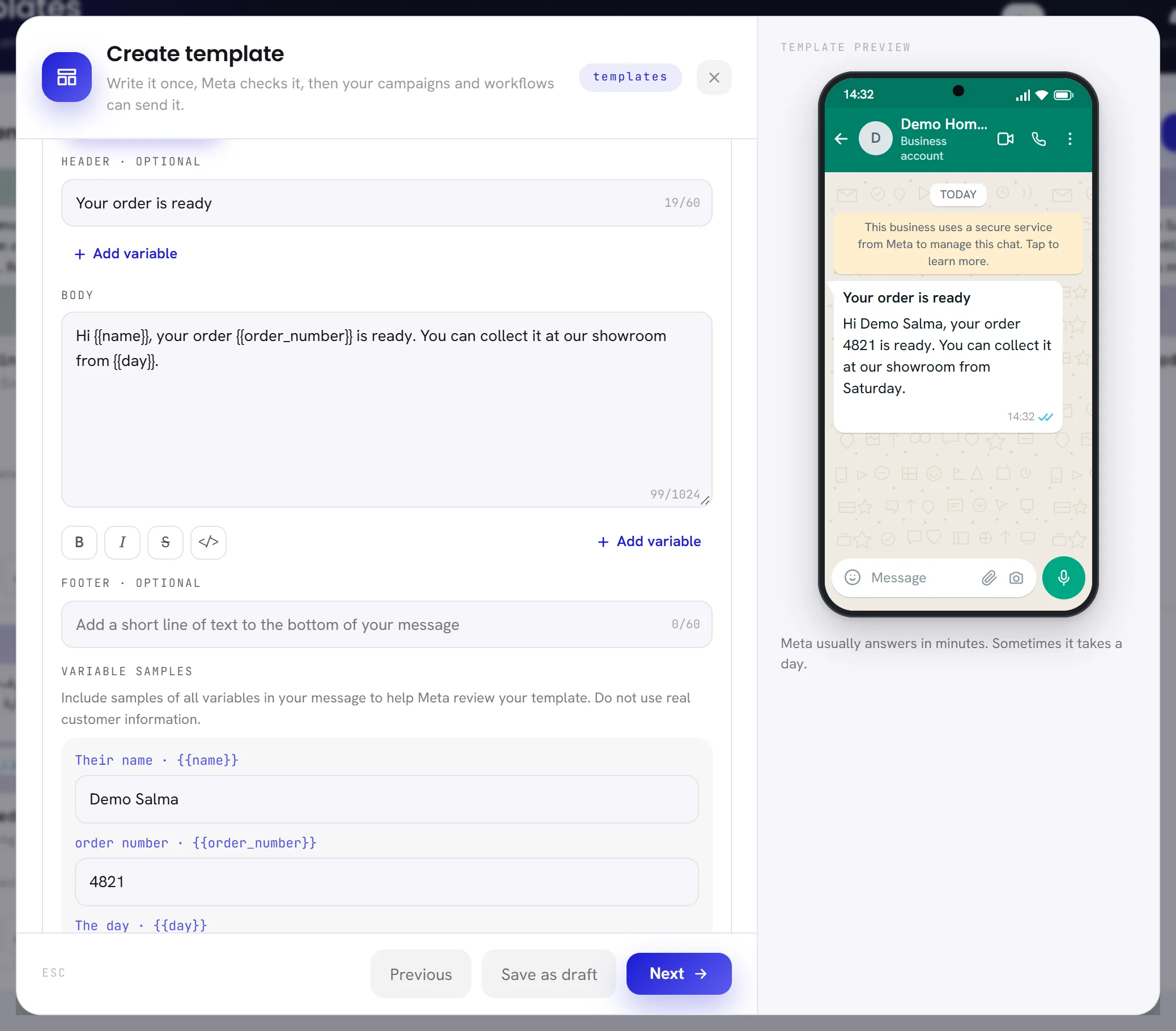Further down the second step: the header, the body with three variables in it, the four formatting buttons, the footer, and a sample for each variable.