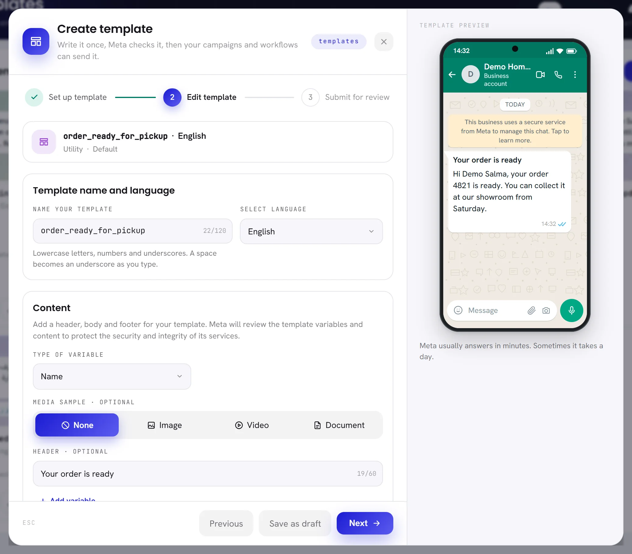 The second step: the template’s name and language, then the start of Content with the type of variable and the media sample. The phone on the right shows the message being written.