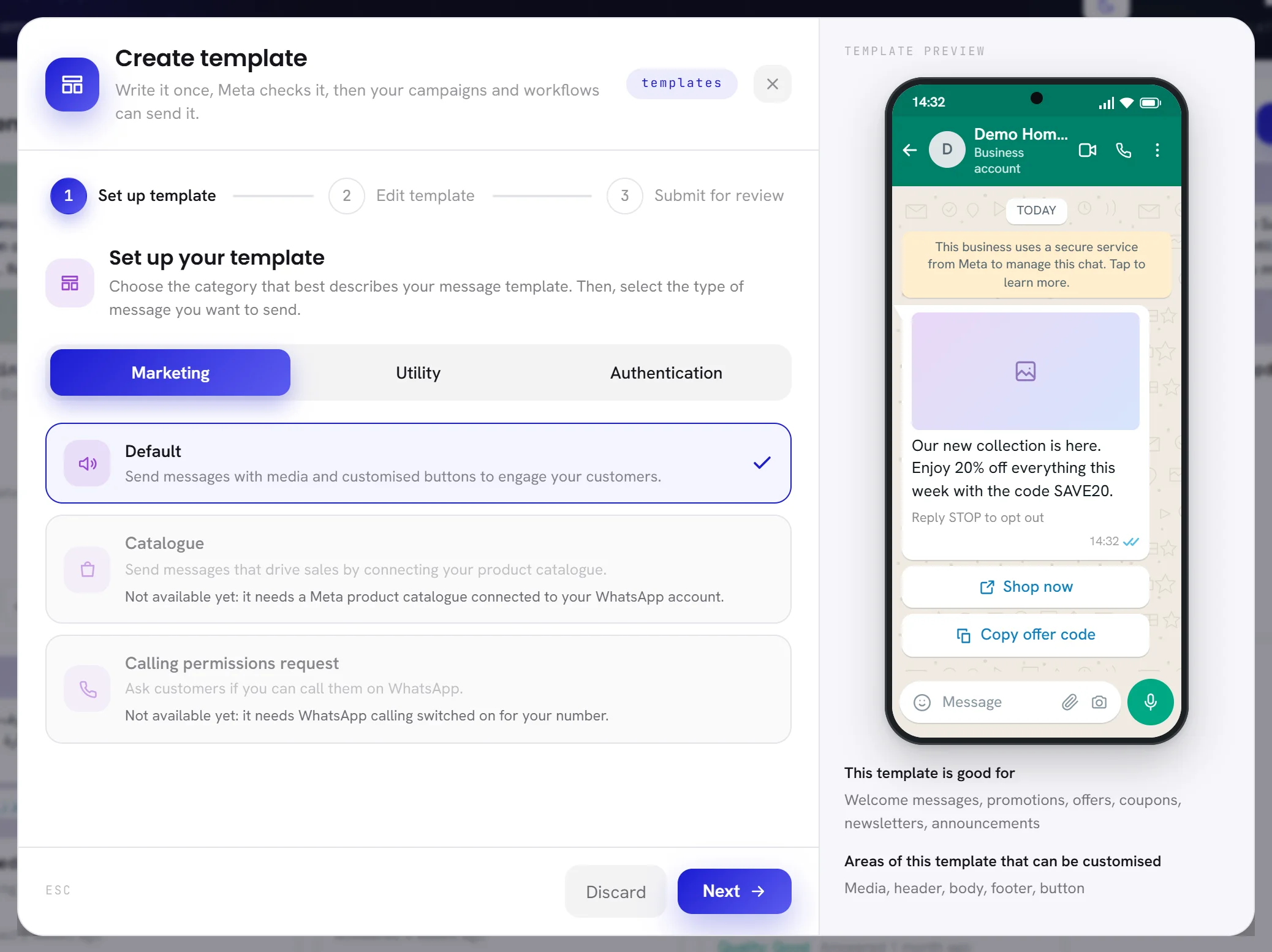 The Create template window on its first step: the three categories, the types under Marketing with two of them greyed out, and a phone showing an example.