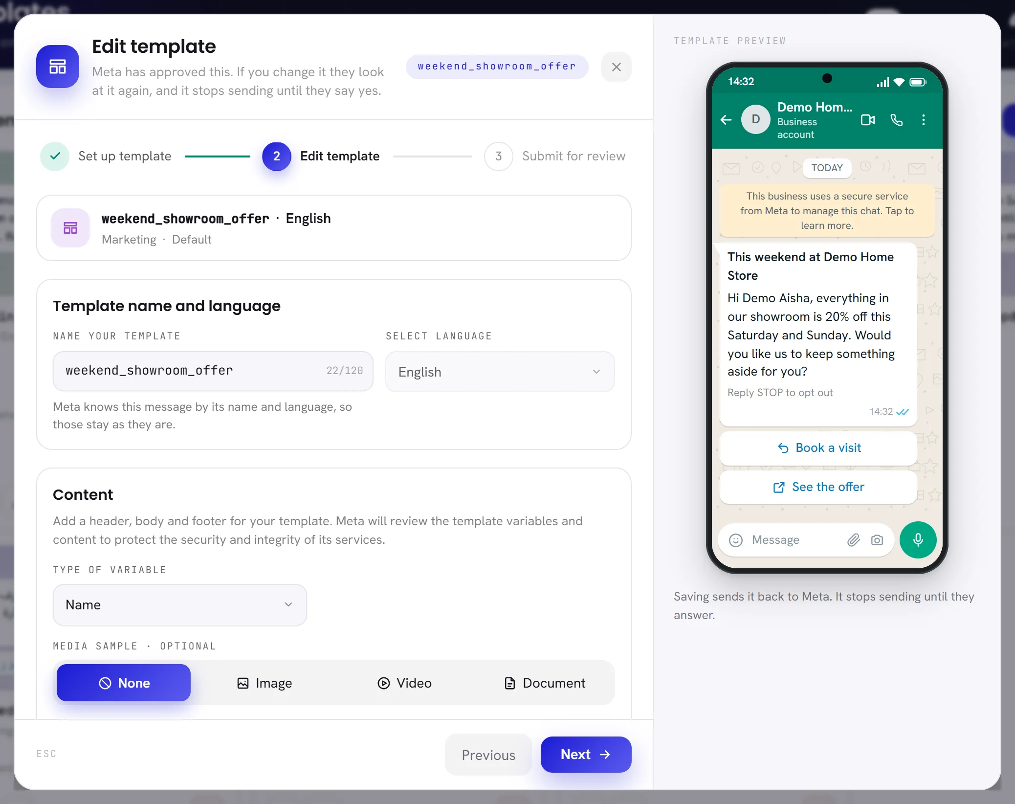 An approved template open for editing: the title warns that a change sends it back to Meta, and the name and language are locked.