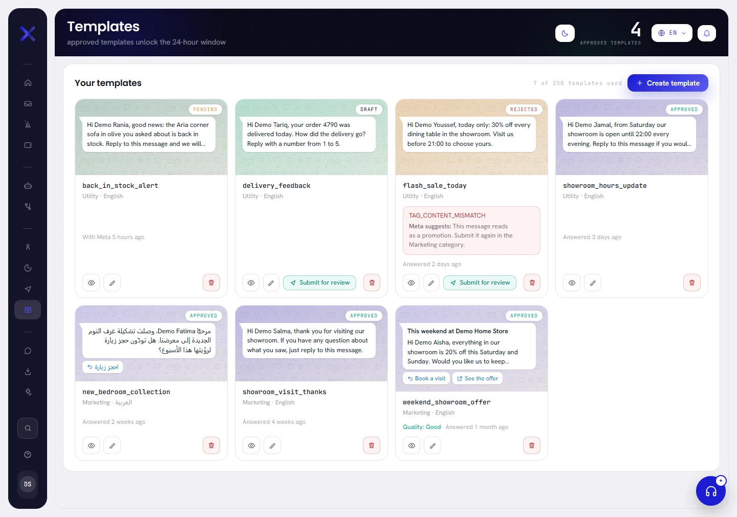 The Templates screen: seven templates as cards, each drawn as the message it sends, with its status in the corner.