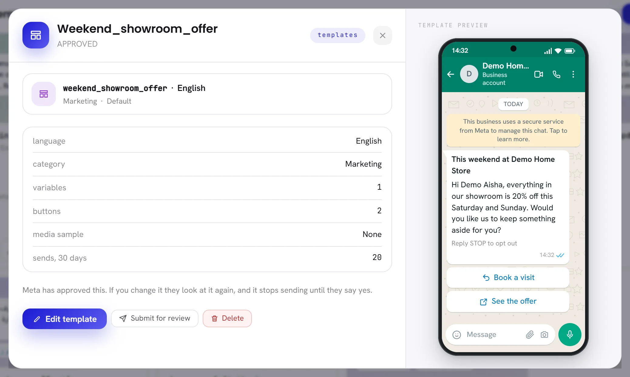An approved template open in its window: its facts on the left, and a phone on the right showing the message with its title, its footer and two buttons.