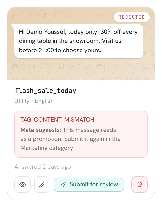 The card of a rejected template under Templates: the status Rejected on its picture, Meta’s reason in a red box, and Meta’s advice after “Meta suggests”.