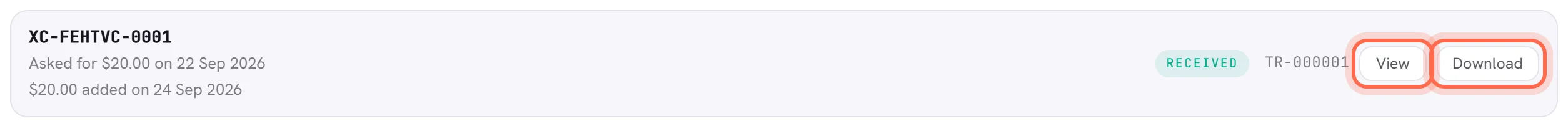 A received top-up’s line: the badge Received, the receipt’s number, and the View and Download buttons ringed.