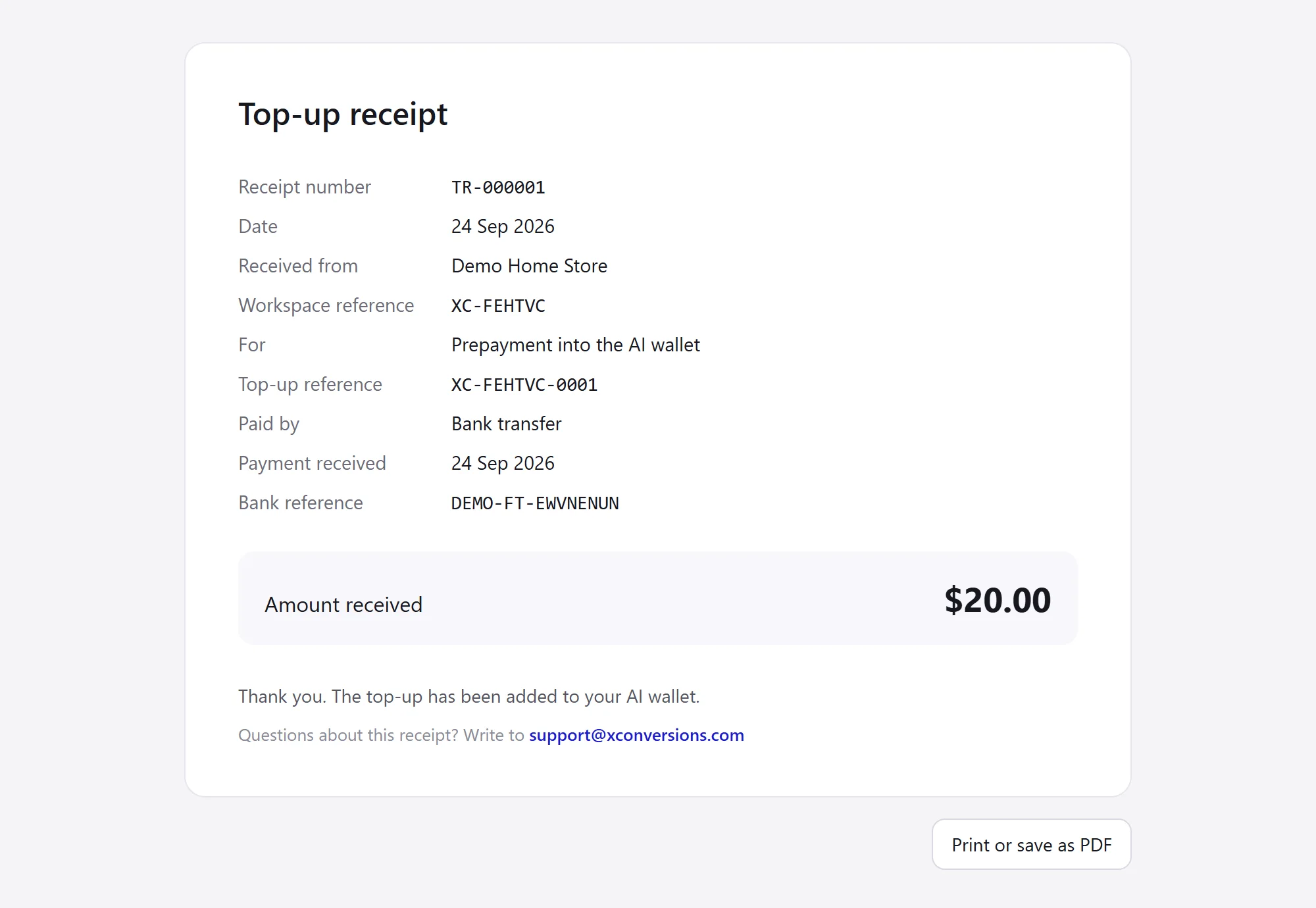 A top-up receipt: its number, the date, who it was received from, the references, the day the payment was received, the amount received, and the Print or save as PDF button.