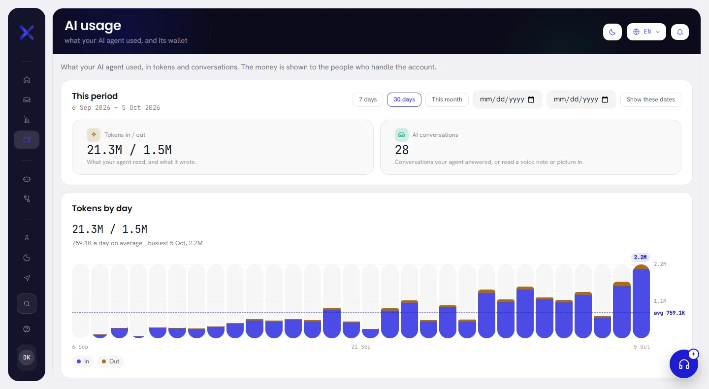 The AI usage screen for somebody who does not see money: a line saying so, the period with two figures, Tokens in / out and AI conversations, and the tokens day by day.