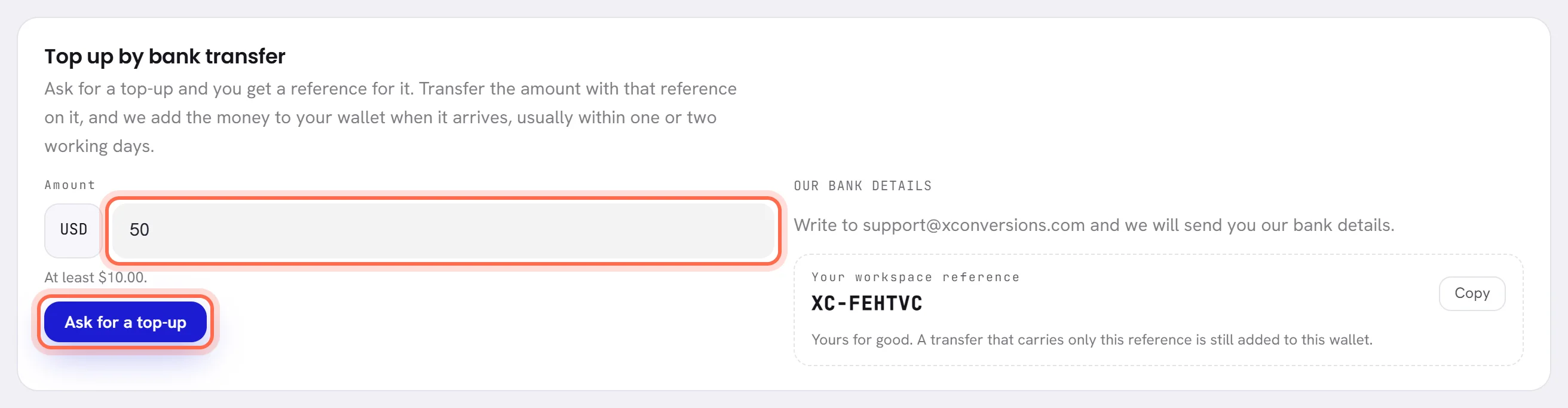 The Top up by bank transfer card. On the left, the Amount box with 50 typed in it and the Ask for a top-up button, both ringed. On the right, our bank details and Your workspace reference.