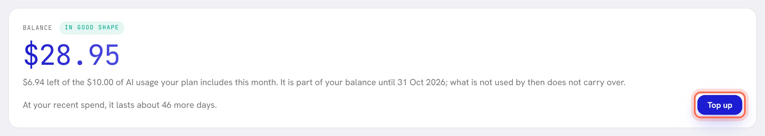 The balance card with the Top up button ringed.