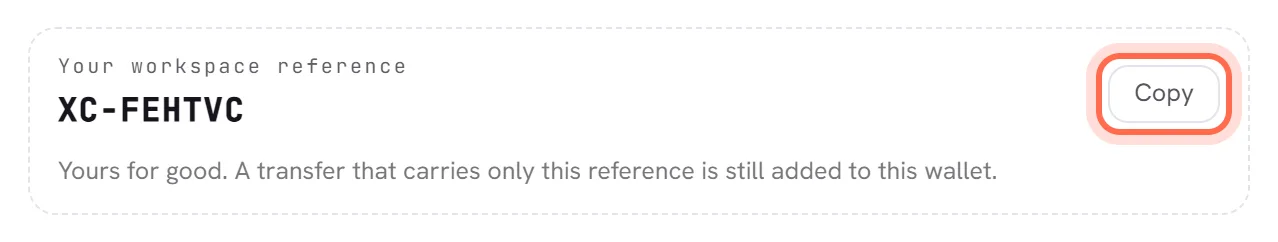 Your workspace reference, a code that starts with XC, with the Copy button ringed. Under it: yours for good.