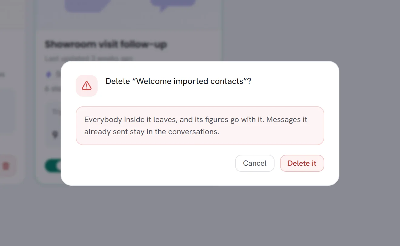 The question Delete “Welcome imported contacts”? It says everybody inside leaves and its figures go with it, with the buttons Cancel and Delete it.