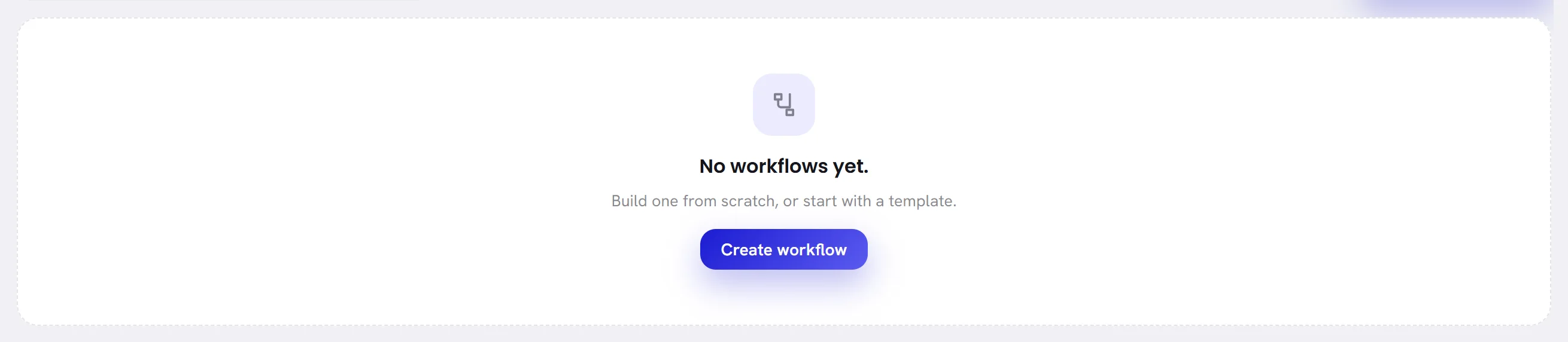 The Workflows screen of a new workspace: No workflows yet, with a Create workflow button.