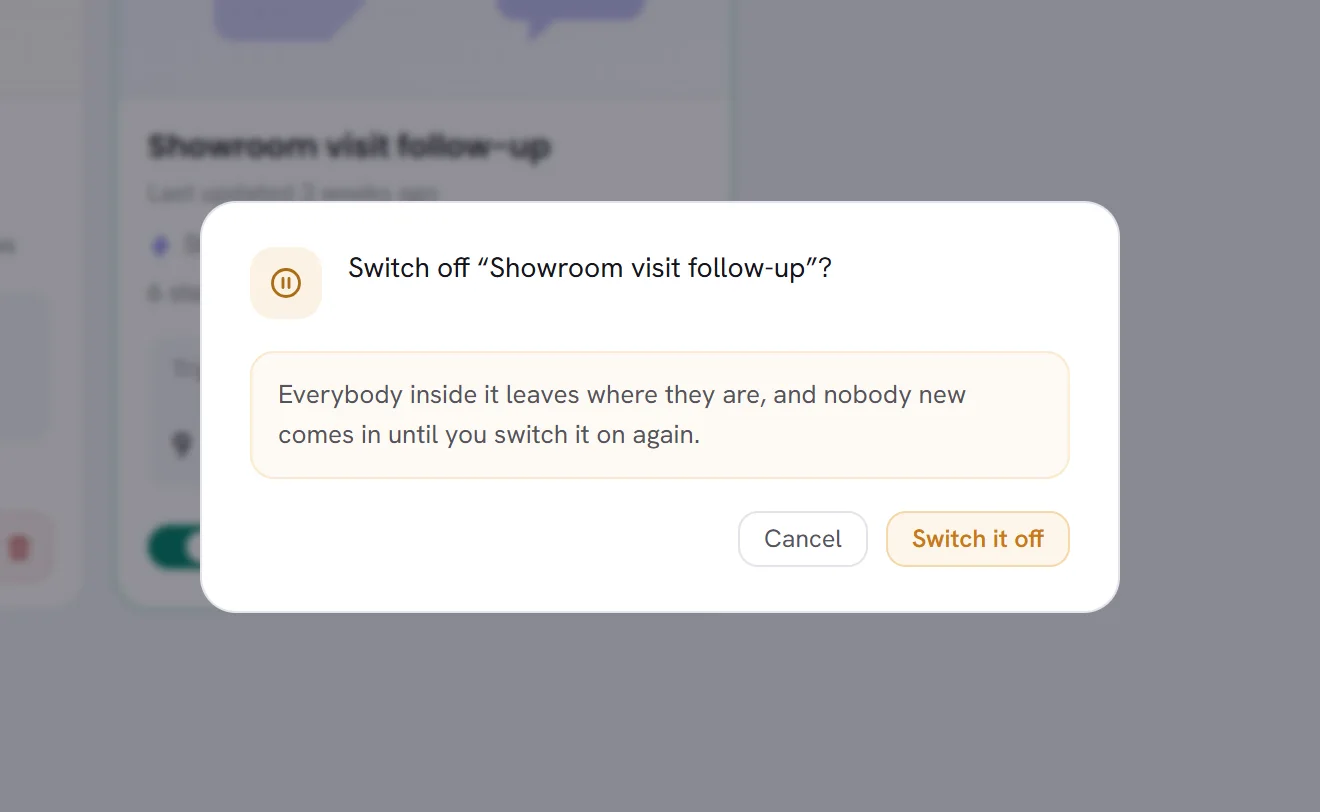 The question Switch off “Showroom visit follow-up”? It says everybody inside leaves where they are, with the buttons Cancel and Switch it off.