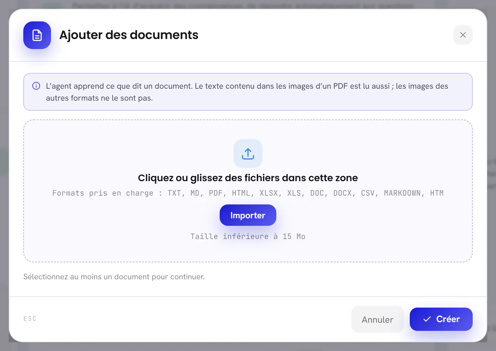 La fenêtre Ajouter des documents : une zone où déposer les fichiers, les formats pris en charge et la limite de taille.