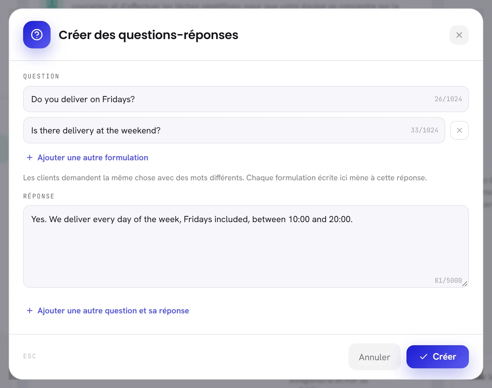 La fenêtre Créer des questions-réponses avec une question, une deuxième formulation et la réponse.
