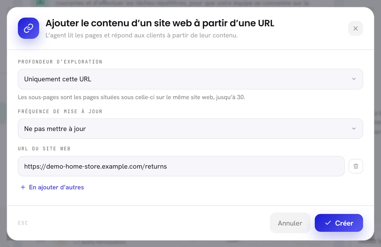 La fenêtre qui ajoute le contenu d’un site web : profondeur d’exploration, fréquence de mise à jour, et un champ pour chaque adresse.