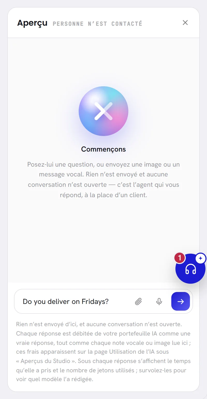 L’aperçu à côté de la page d’un agent, vide, avec une question saisie dans le champ en bas.