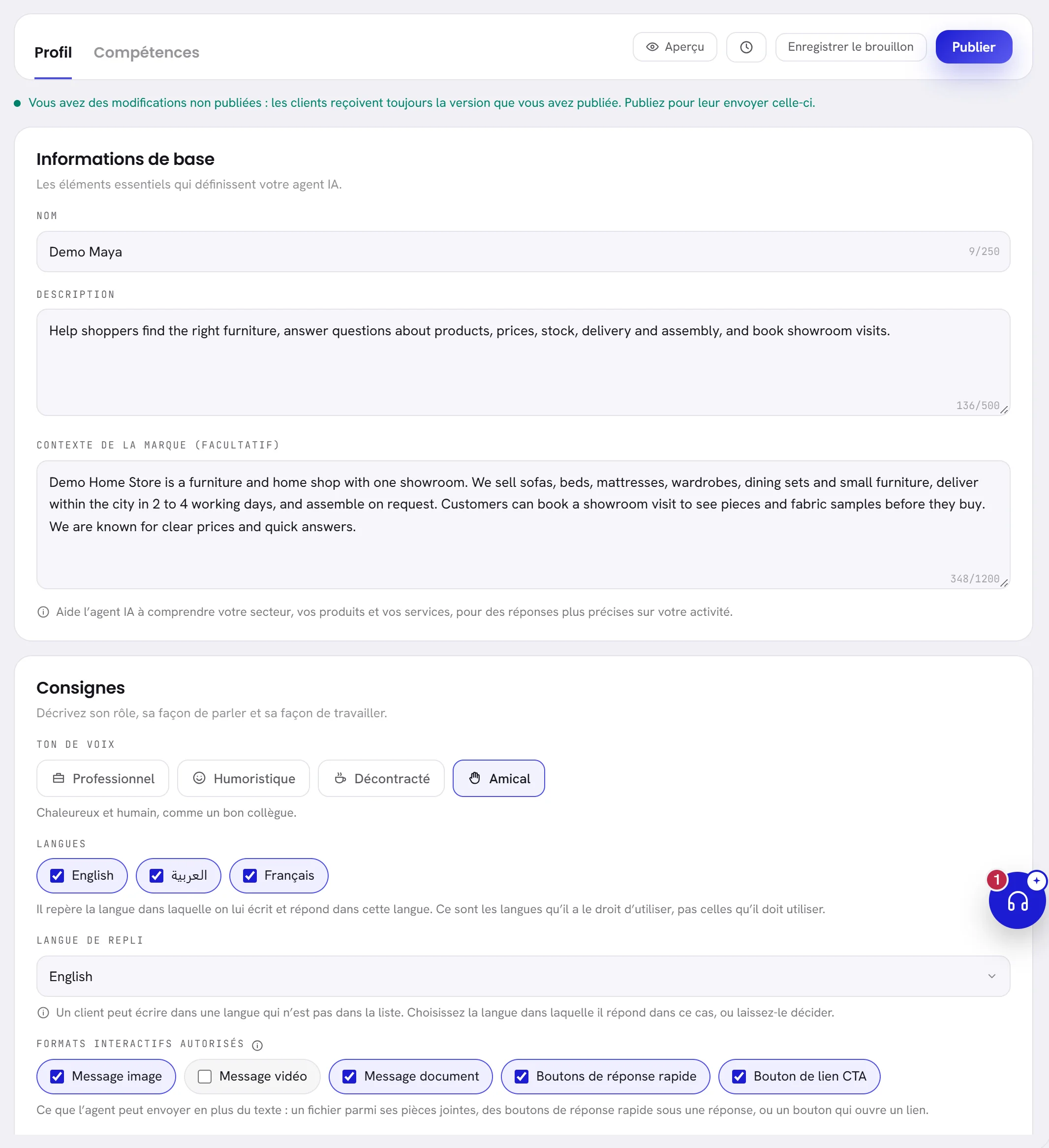 L’onglet Profil d’un agent : la carte Informations de base avec son nom, sa description et le contexte de la marque, et la carte Consignes en dessous.