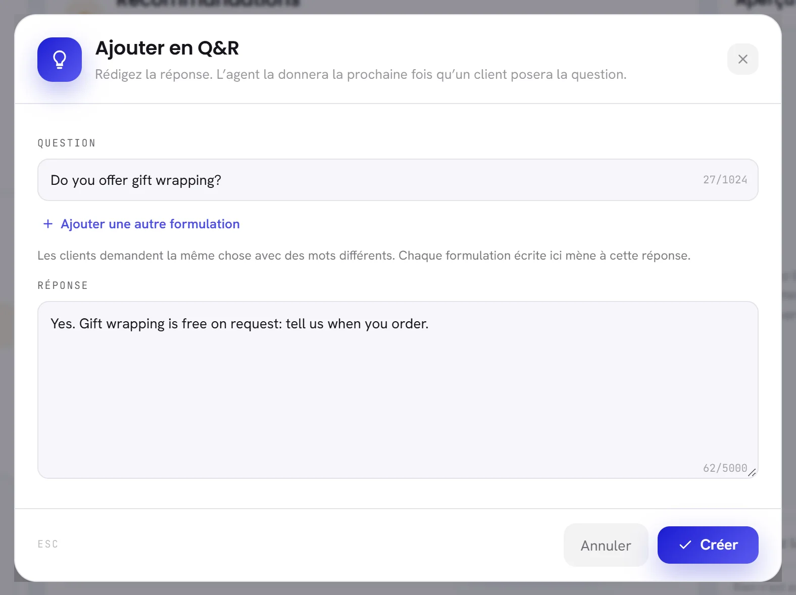 La fenêtre Ajouter en Q&R, avec la question du client déjà remplie et une réponse écrite en dessous.