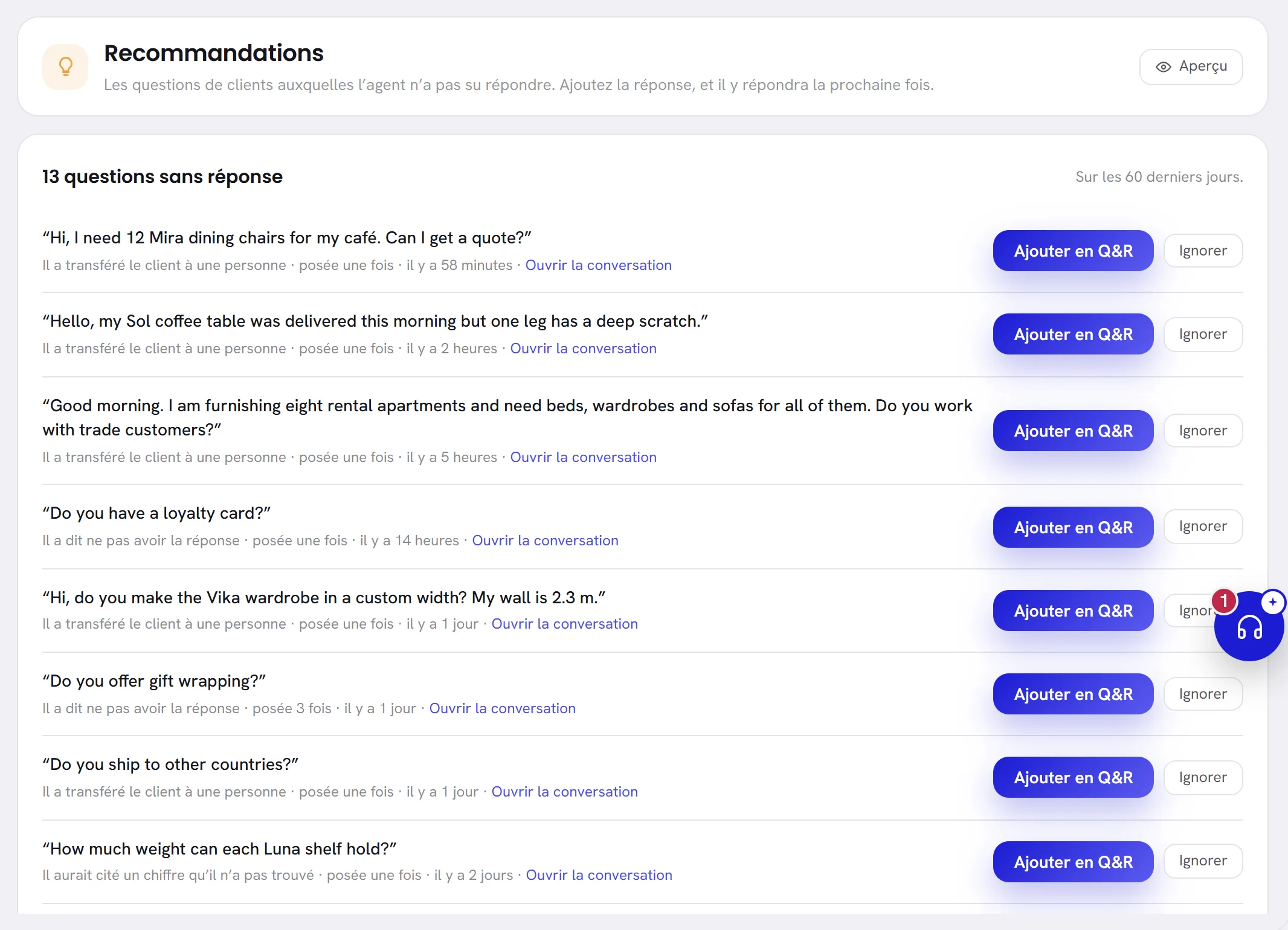 La page Recommandations : treize questions avec les mots des clients, chacune avec la raison de sa présence, le nombre de fois où elle a été posée, et les boutons Ajouter en Q&R et Ignorer.