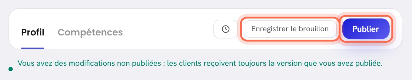 Le haut du profil d’un agent en ligne : Enregistrer le brouillon et Publier sont entourés, et une ligne en dessous indique qu’il y a des modifications non publiées.