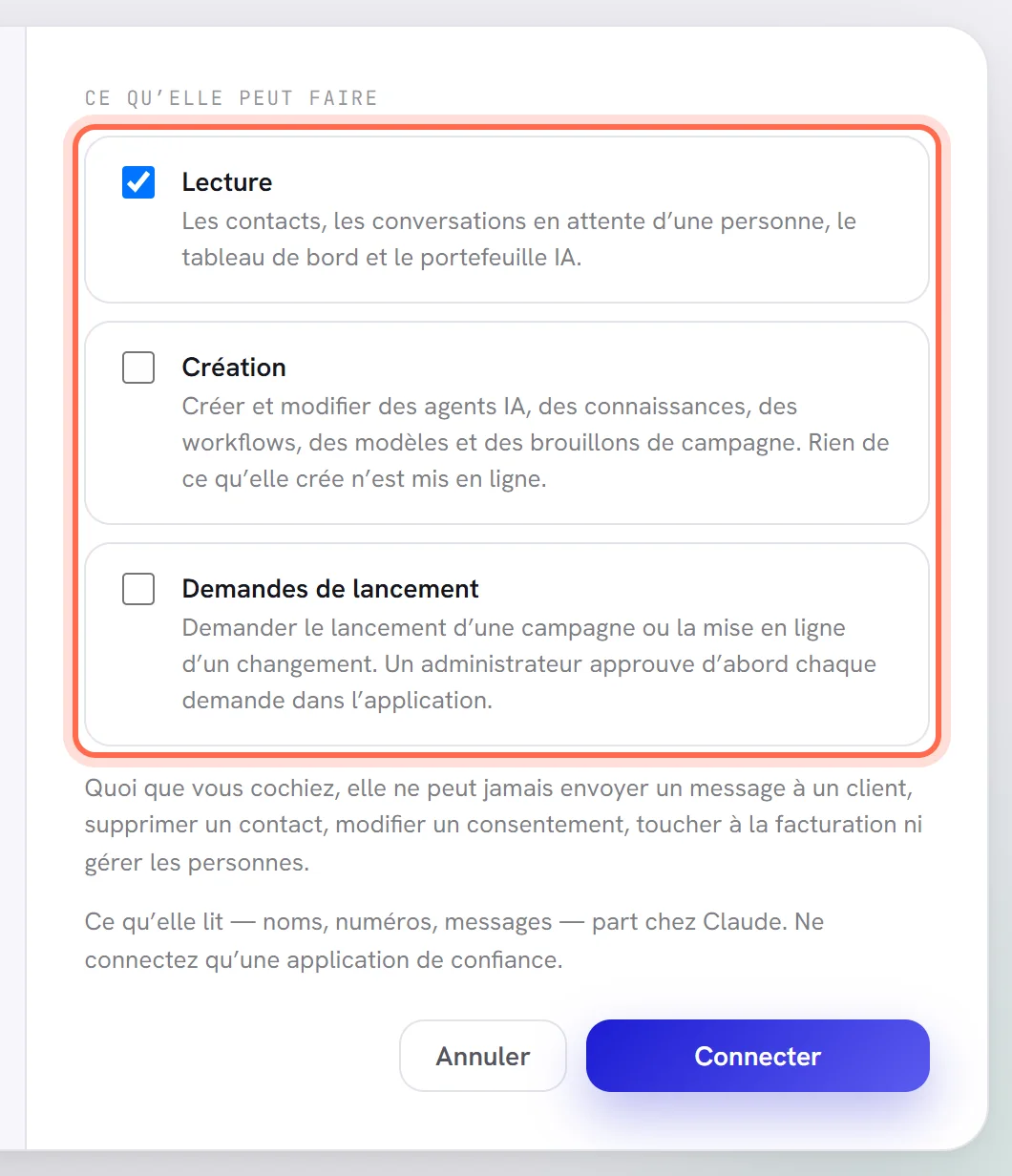 Les trois cases Lecture, Création et Demandes de lancement, chacune avec ce qu’elle permet à l’application de faire, et en dessous ce que l’application ne peut jamais faire.