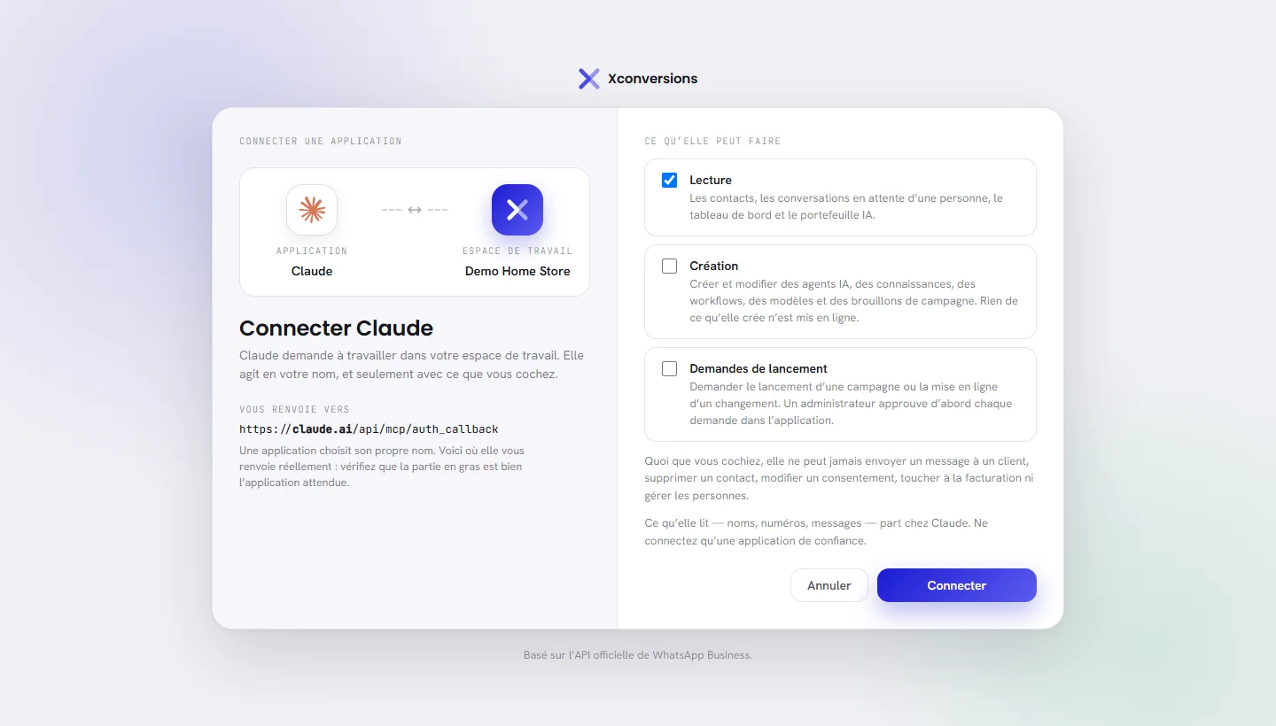 L’écran Connecter une application : l’application avec son logo et l’espace de travail côte à côte, l’adresse vers laquelle elle vous renvoie, et les trois choses qu’elle peut faire, avec les boutons Annuler et Connecter.