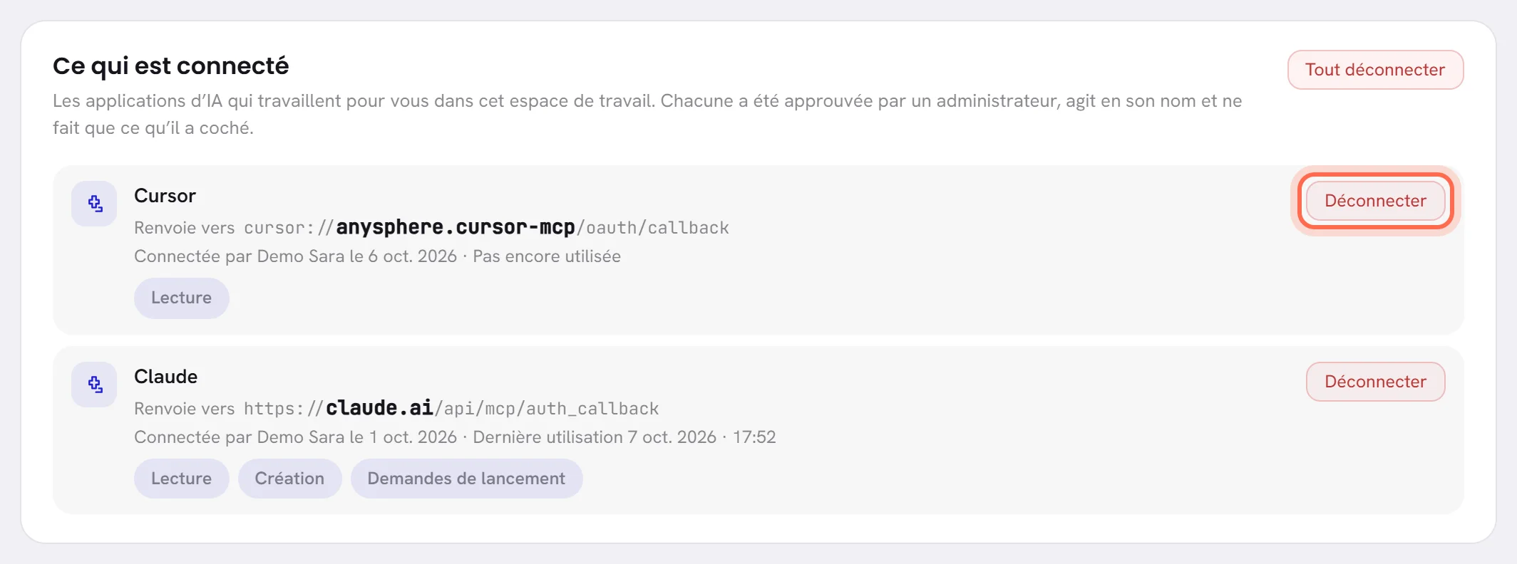 La liste Ce qui est connecté, avec le bouton Déconnecter de la première application entouré.