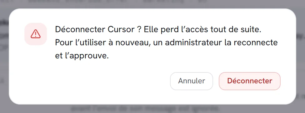 La fenêtre de confirmation qui demande s’il faut déconnecter l’application, avec les boutons Annuler et Déconnecter.
