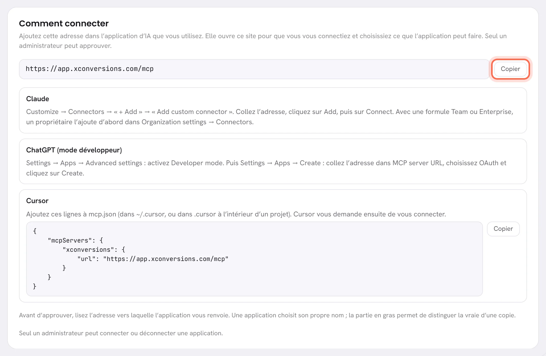 La carte Comment connecter : l’adresse de l’espace de travail avec son bouton Copier, et les étapes pour trois applications.