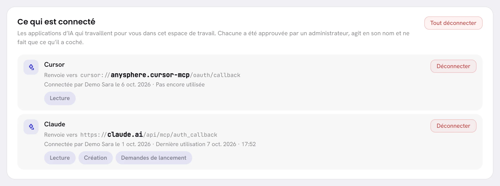 La liste Ce qui est connecté : deux applications, chacune avec l’adresse vers laquelle elle vous renvoie, qui l’a connectée, sa dernière utilisation, ce qu’elle peut faire, et un bouton Déconnecter.