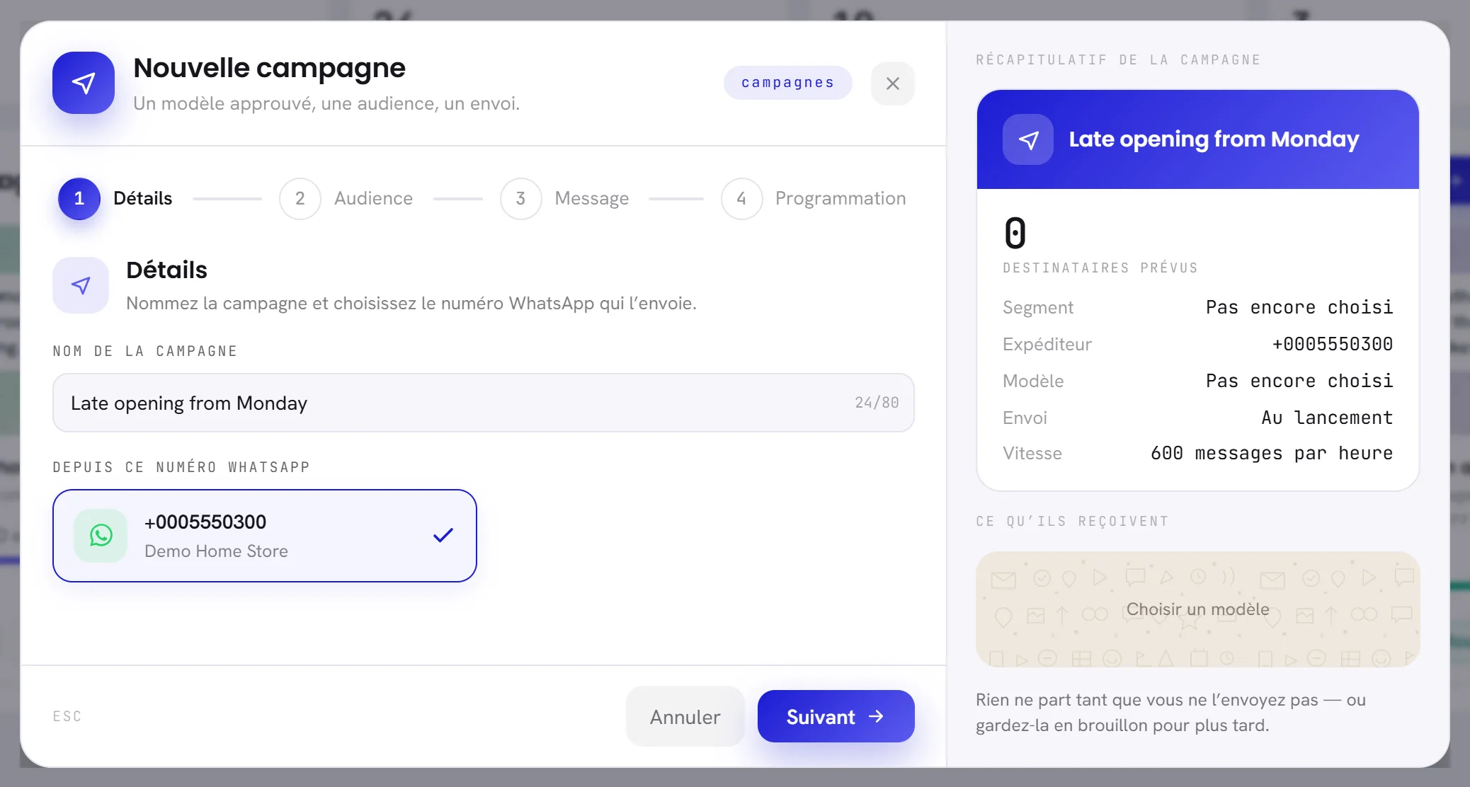 La fenêtre Nouvelle campagne à sa première étape : le nom de la campagne, le numéro WhatsApp d’où elle part, et le récapitulatif à droite.