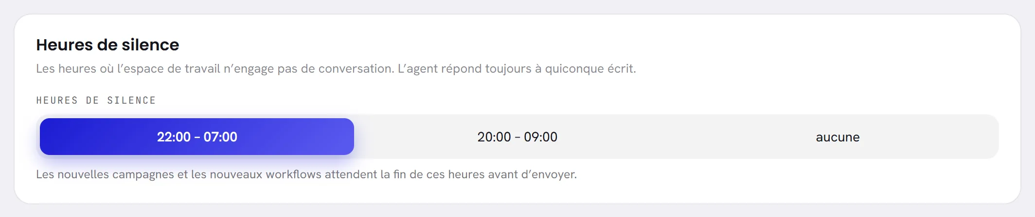 La carte Heures de silence sur l’onglet Notifications des paramètres, avec trois choix : de 22:00 à 07:00, de 20:00 à 09:00, et aucun.