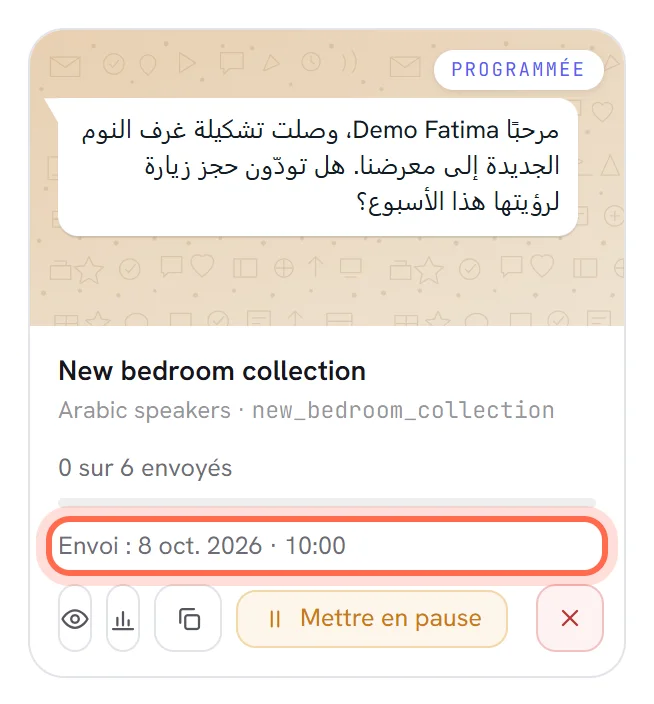 La carte d’une campagne programmée : 0 sur 6 envoyés, et la ligne qui indique quand elle part est entourée d’un cercle.
