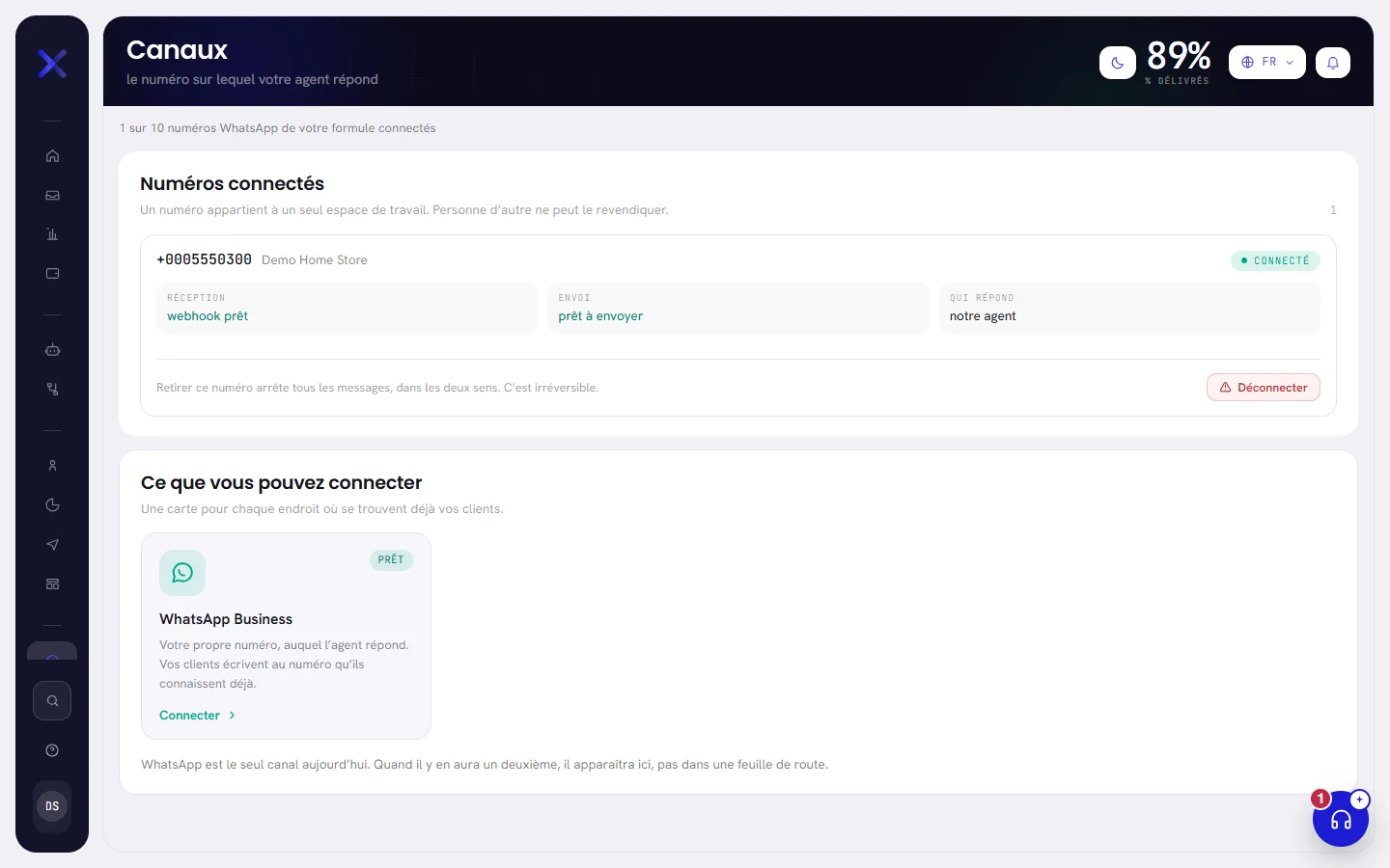 L’écran Canaux : une ligne indiquant combien de numéros de la formule sont connectés, la liste des numéros connectés avec un seul numéro, et en dessous la section « Ce que vous pouvez connecter » avec la carte WhatsApp Business.