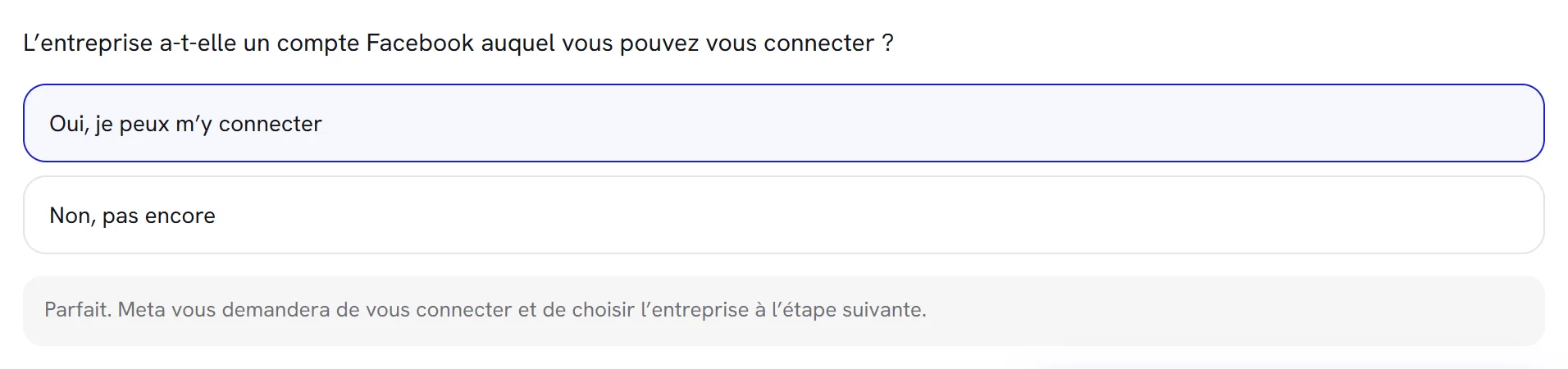La seconde question, « L’entreprise a-t-elle un compte Facebook auquel vous pouvez vous connecter ? », avec la réponse « Oui, je peux m’y connecter » cochée et son conseil en dessous.