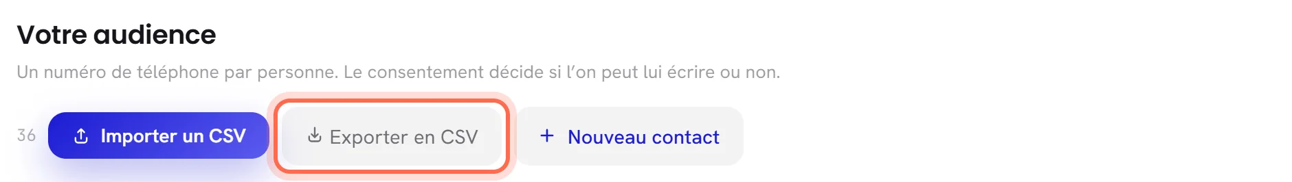 Le haut de la liste sur l’écran Contacts, avec le bouton Exporter en CSV entouré, entre Importer un CSV et Nouveau contact.