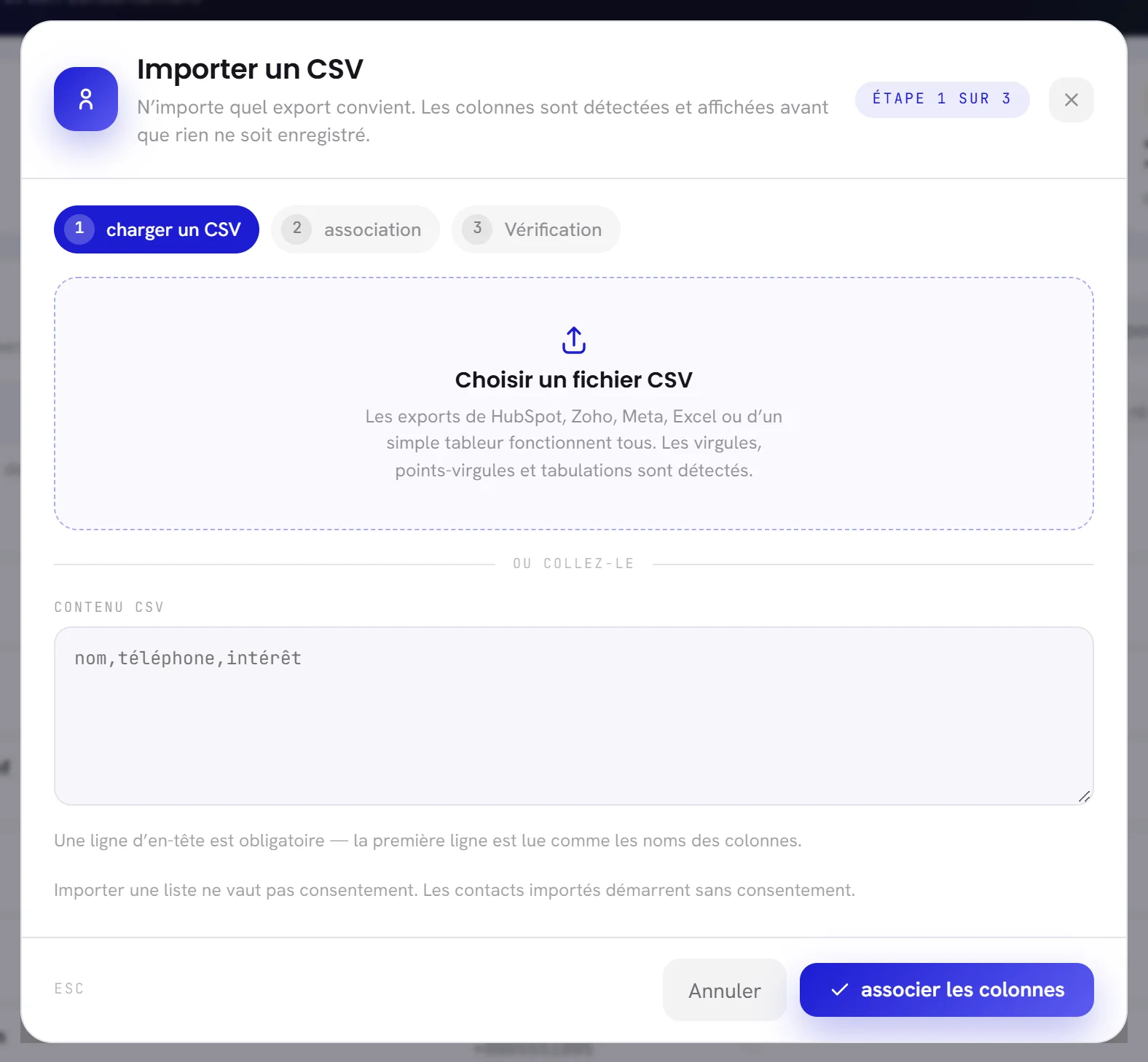 La fenêtre Importer un CSV à l’étape 1 sur 3 : une zone pour choisir un fichier CSV, et dessous une zone pour coller le contenu.