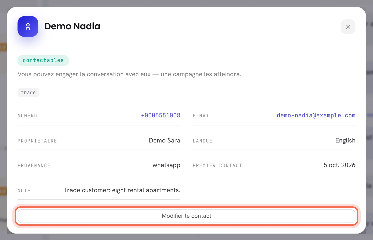 Les détails d’un contact, avec le bouton Modifier le contact entouré en bas.