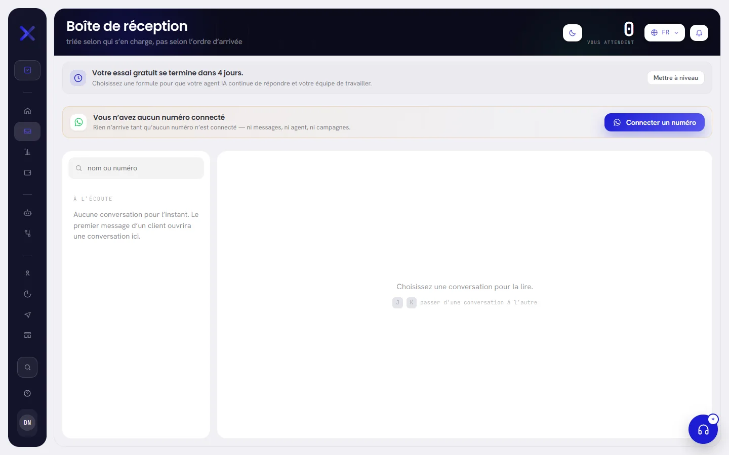La boîte de réception d’un nouvel espace de travail : aucun numéro connecté, une liste vide et un texte indiquant qu’aucune conversation n’a encore commencé.